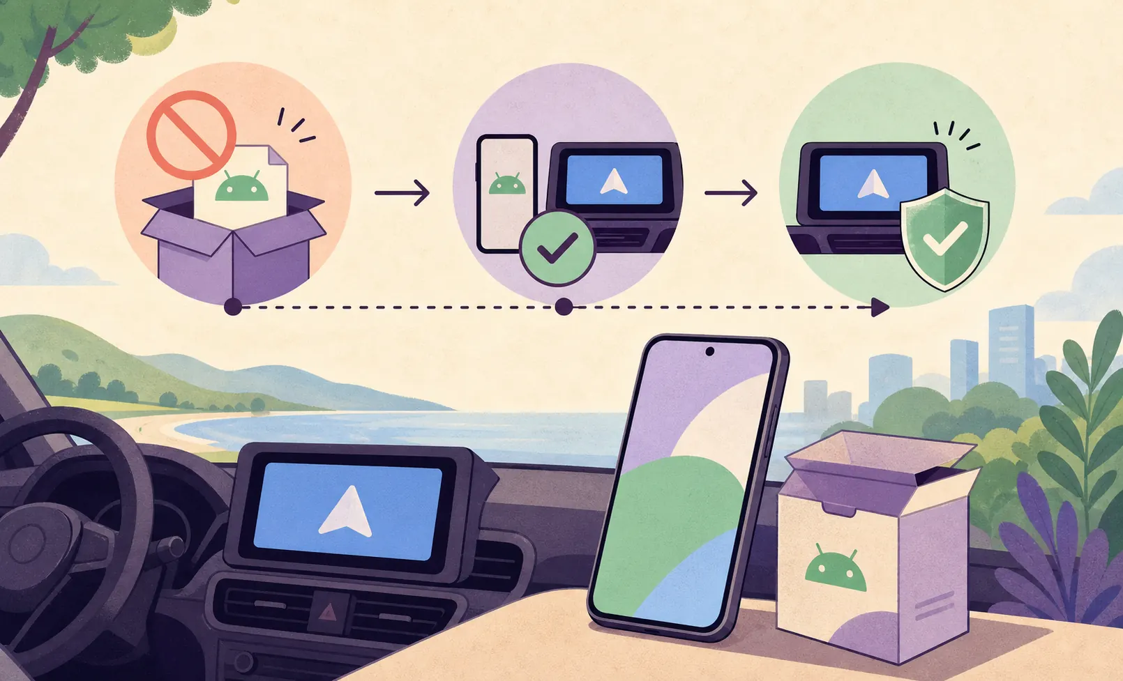 Ilustração editorial de um problema de instalação de APK Android com verificações de compatibilidade