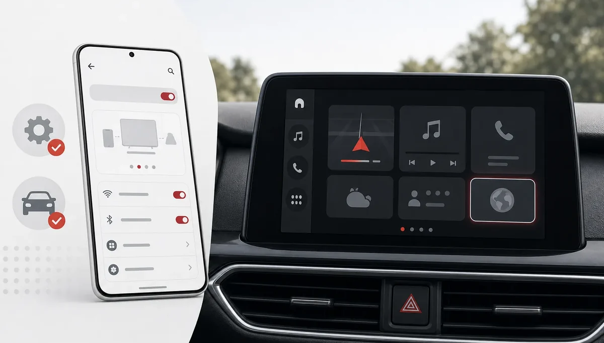 Editorial illustration of a phone settings workflow reconnecting to a parked car display