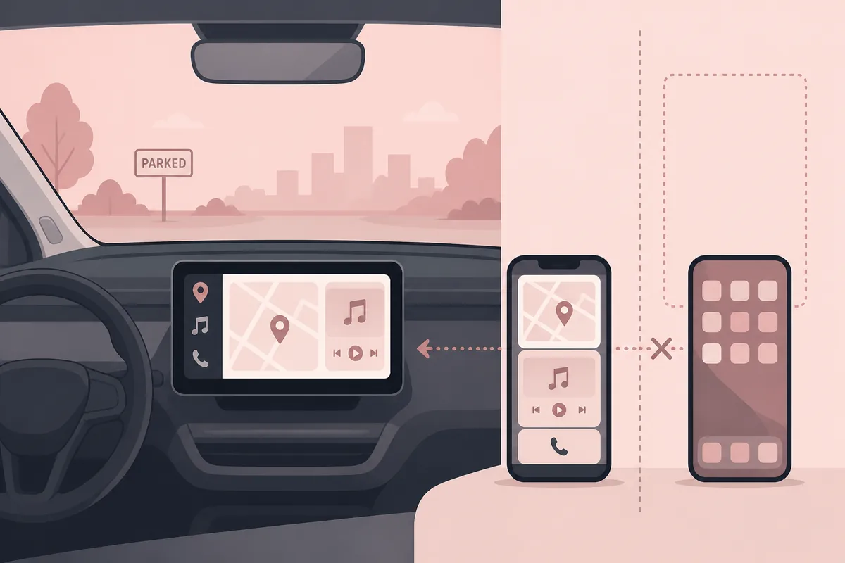Editorial illustration showing a parked car display receiving supported app content while a full-phone mirror remains separate