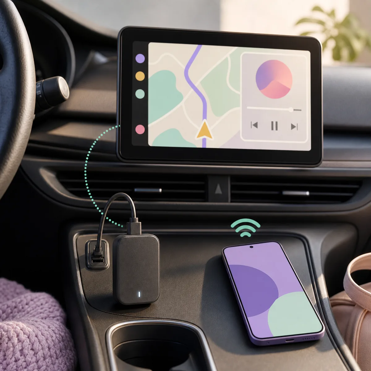Generic wireless Android Auto adapter connected to a parked car display and smartphone