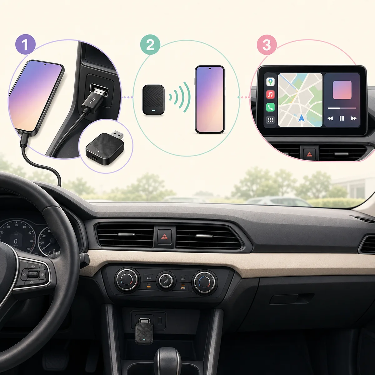 Three-part editorial diagram showing USB connection, wireless pairing and a car display