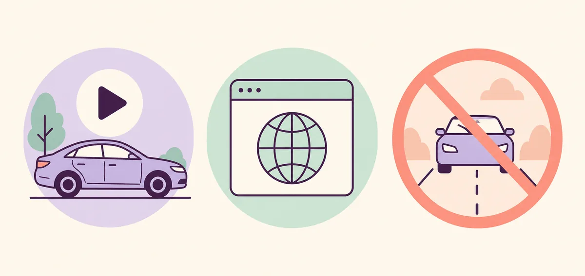 Concept comparison of parked video support, a browser path, and a driving boundary