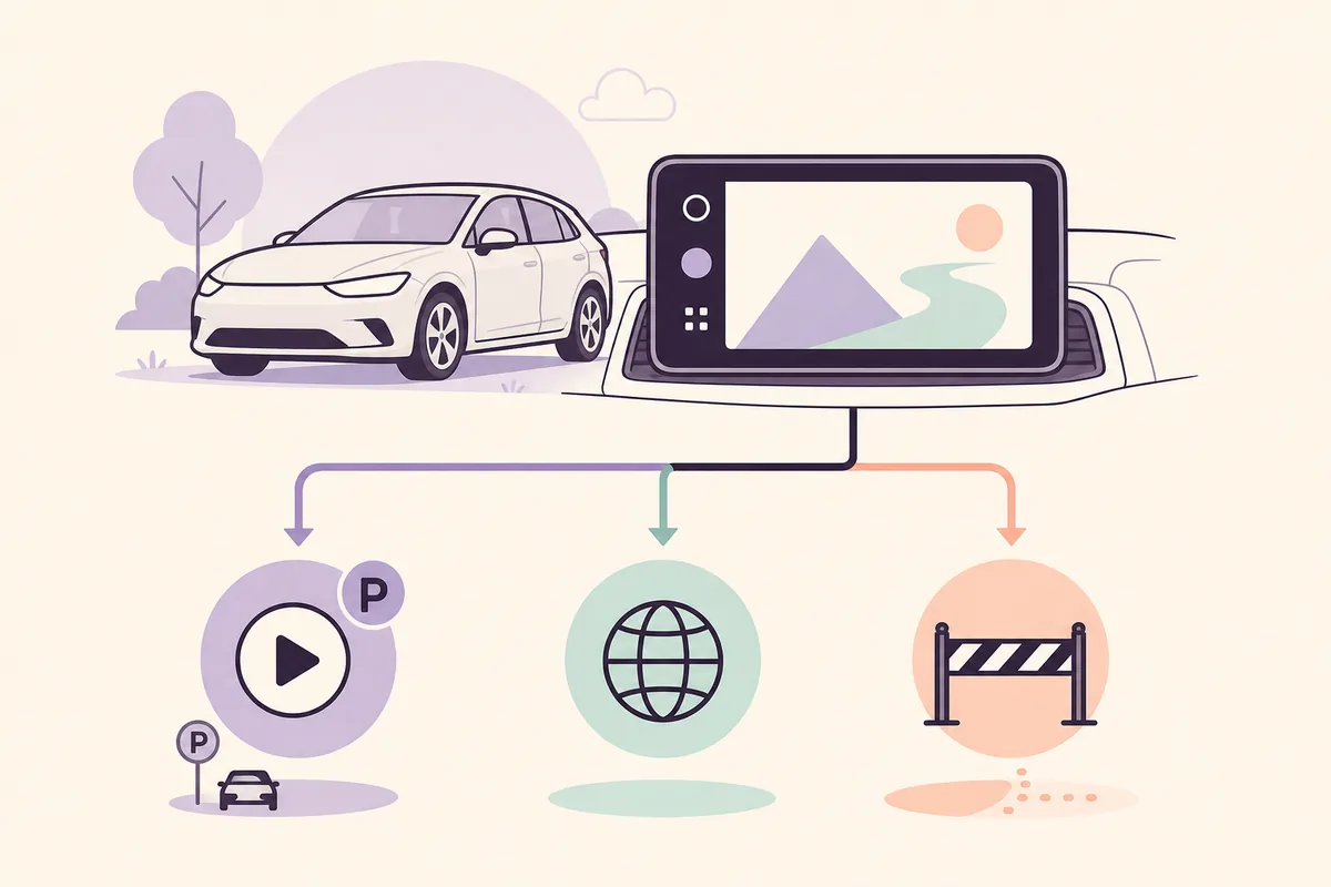 Concept illustration comparing parked video support, a browser path, and an unavailable Android Auto path
